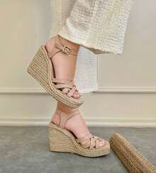 SHEIN SANDALIAS CUÑAS DE MUJER ALPARGATAS DE YUTE CON PLATAFORMA DE MODA SANDALIAS ABIERTAS ACOJINADAS SUELA ANTIDESLIZANTE DE PRIMAVERA VERANO MODA WOMAN SHOES WILLOWS    Vacación  Bohemio    Hebilla - Beis - Ver 2