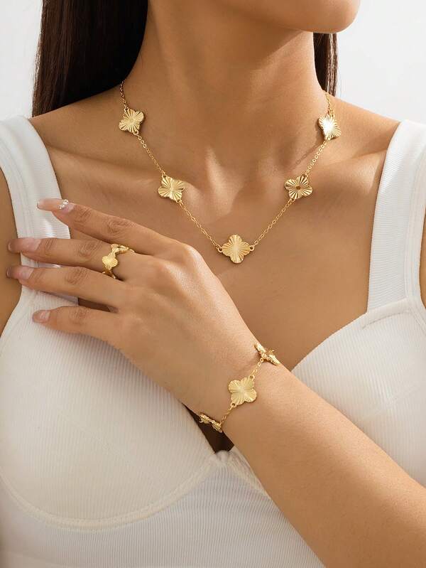 1pc Flower Necklace, 1pc Flower Bracelet, 1pc Flower Ring, Fashionable Casual Four-Leaf Clover Flower Jewelry Set
