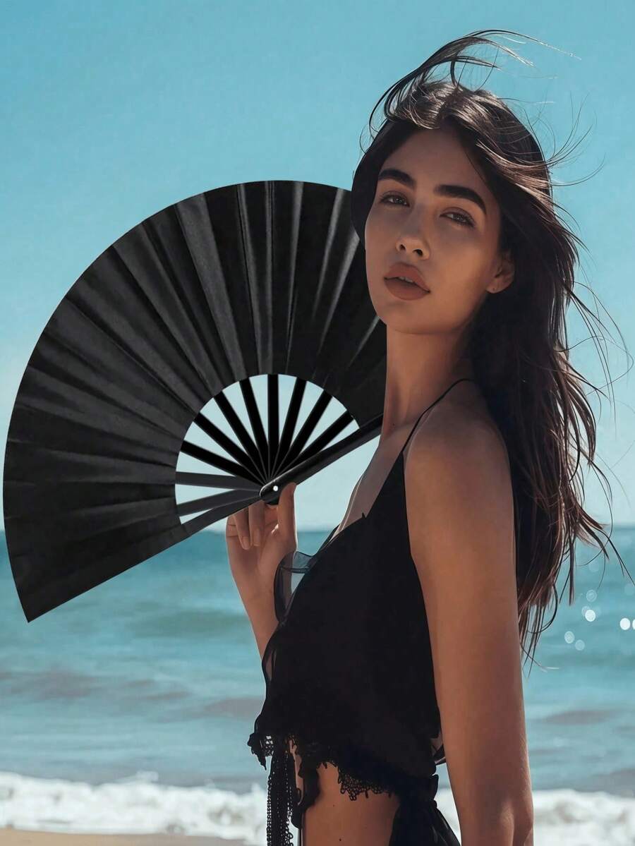 Bamboo Foldable Hand Fan, Premium Fabric Folding Handheld Fan, With Thick Bamboo Frame, For Cooling Decor, Gifts For Women, Men, Girls, Boys, Black