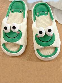 1 par de pantuflas planas y cómodas de lino y estampado de dibujos animados, antideslizantes, unisex, para todo el año
