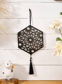 1 pieza Decoración colgante de forma de luna hueca hexagonal/octogonal de madera negra con borla negra, ornamentos colgantes creativos modernos de madera negra, disponible en varios estilos, adecuado para fiestas, decoración de pared, regalos decorativos, hogar, accesorios de arte