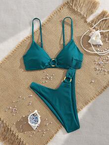 女士纯色金属环可拆卸肩带两件套比基尼套装，夏季