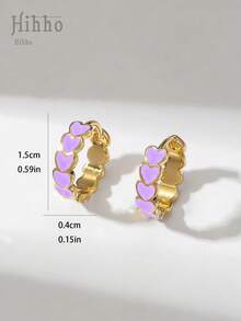 Hihho 1 Pair Fashionable & Delicate Minimalist Purple Drip Heart Hoop Earrings, Unique Jewelry Gift For Girls, Valentine's Day, Party - Yellow Gold - View 4