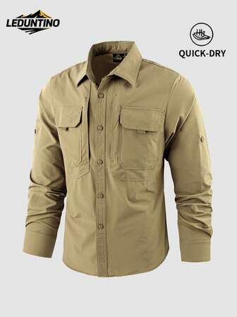 LEDUNTINO [Frühling/Sommer] Herren Mode Knopf Lässig Outdoor Hemd, einfarbig grün, Sport, Cargo, schnelltrocknend, Freundesgeschenk, Herren Langarmhemd Frühling Herbst, Multi-Tasche, elastisch, Hemd mit Kragenausschnitt und Reißverschlusstasche, Frühling Herbst Kleidung