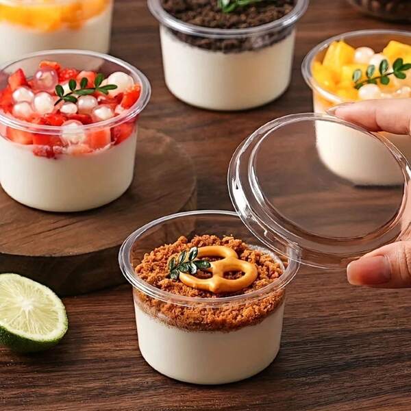 10 piezas Tazas reutilizables para pasteles con tapas, resistentes a roturas, para yogur, leche de coco, pudin, avena, pasteles de crema, tazas de postre transparentes adecuadas para pasteles, mousses, magdalenas, helado
