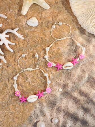 Set de 2 pulseras con estrellas de mar, tortugas y conchas de perlas falsas en estilo bohemio, pulseras de conchas florales de verano para la playa