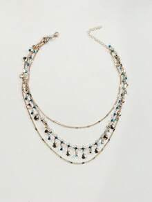 1pc 3-Layer Blue Zirconia & Golden Shell Necklace, Unique Design Delicate Jewelry - Blue - View 5