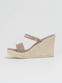 Women's Wedge Platform Sandals, Woven Rope Braided Casual Slides, Simple Strap Open Toe High Heel Mules,Spring Summer Outfits - Khaki - View 8