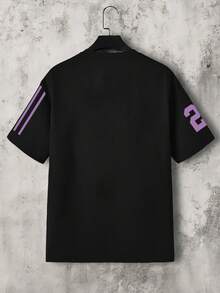 Standard Fit Men's Black Sports Striped Graphic T-Shirt, Summer - Black - View 2