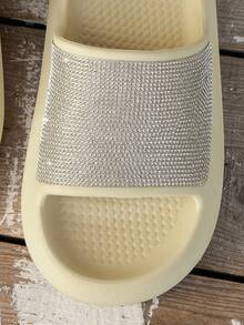 Women's Summer Fashion Rhinestone Decorated Slippers, Casual Thick Sole Comfortable Indoor Outdoor Flat Sandals - Khaki - View 2