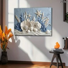 Framed Seashells And Starfish Canvas Wall Art - Wood Frame, Blue Floral Decor, Coastal Home Decor For Living Room Or Kids Magic Space, Wraparound Canvas Design, Beach Themed Decor, Great For Room Decor, Ready To Hang
