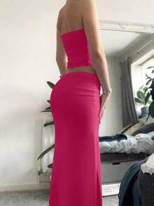 2 piezas Conjunto de ropa de mujer de moda, sexy, dulce y lindo, bien ajustado, atuendos de verano y vacaciones, ropa de , ropa para el Día de San Valentín, Ramadán y carnaval, atuendo de playa para mujer - Rosa Fucsia - Ver 4