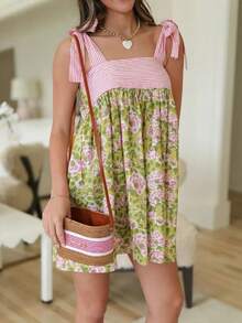 Women Floral Mini Tie Shoulder Dress Sleeveless Square Neck Knot Cami Flowy Boho Vacation Beach Short Y2k Sundress - Pink - View 1