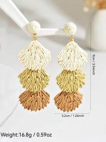 OOQ 1 Pair Handmade Bohemian Style Raffia Straw Shell Tassel Long Earrings, Geometric Design, Suitable For Beach, Vacation, Festivals, Weddings, Mothers' Day, Parties And Daily Wear For Women (Handcrafted Raffia Weaving, Shape And Direction Randomly Assorted) - Gradient Khaki - View 4