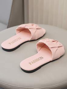 Dép lê ngoài trời mùa hè mới cho bé gái, kiểu dáng xếp ly, mũi tròn, thời trang và trang nhã, màu trơn, kiểu phương Tây, đế bằng cho trẻ em. - Hồng - Xem 3