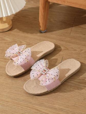 新款女士亚麻拖鞋，可爱蝴蝶结设计，透气舒适防滑，适合室内/室外穿着，春夏季