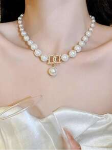 3pcs/Set Luxury Exaggerated Letter & Large Pearl Necklace & Earrings Jewelry Set For Women, Suitable For Daily Wear