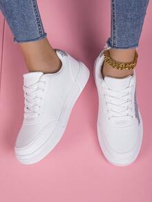 Nuove scarpe casual da donna alla moda, scarpe da skateboard con decorazioni glitter, scarpi sportivi stringate con effetto color block - Argento - Visualizzare 3