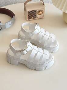 夏季新款圆头编织装饰设计女童户外凉鞋，防滑耐穿，时尚优雅儿童高跟罗马凉鞋 - 米色 - 查看 6