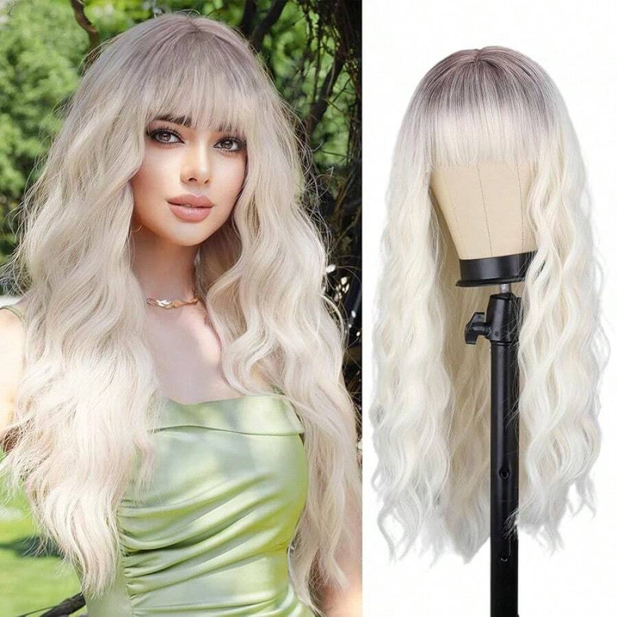 MERISIHAIR Long Silver White Hair Wigs For Women Synthetic Platinum White Wig With Bangs Wavy Costume Cosplay Wig For Girls Daily Use Wear, Halloween & CosplayEssential Festive Atmosphere For Christmas - Tóc vàng bạch kim - Xem 1