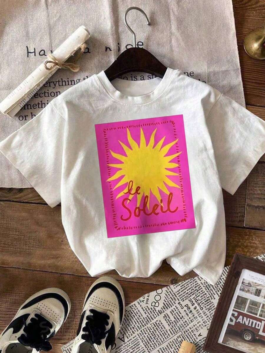 Cotton T-Shirt Girls & Youth Print Short Sleeve Casual Crew Neck T-Shirt, White, Summer - 白色 - 查看 1