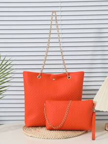 2pcs/Set Wave Embossed Tote Bag With Detachable Chain Strap Shoulder Bag, Minimalist Luxury Style For Work & Leisure - Orange - View 5