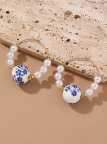 1 Pair Vintage Handpainted Blue And White Porcelain Beaded Earrings, Elegant Dangle Earrings For Women