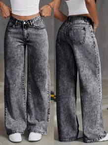 Fashionable Washed Distressed Wide Leg Jeans For Teens