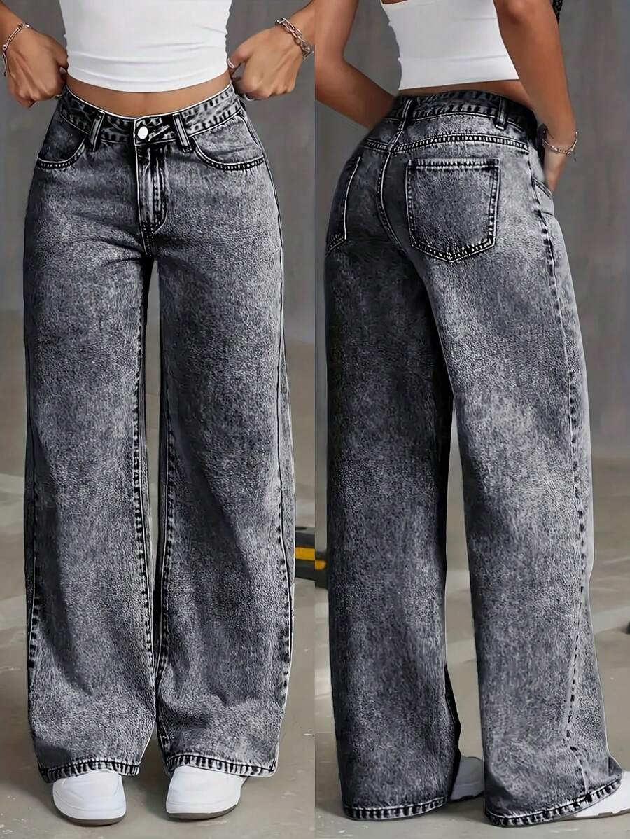 Fashionable Washed Distressed Wide Leg Jeans For Teens