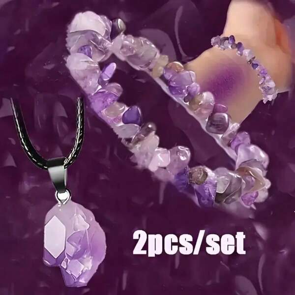 Healing Crystal Amethyst Necklace And Bracelet Set - Natural Gemstone Energy Jewelry For Men And Women - Perfect Gift For Couples - 2pcs/Set