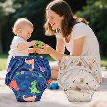 Paquete de 3 pantalones de entrenamiento para ir al baño reutilizables y lavables para niños y niñas pequeños, con patrones de animales lindos, ajuste regular, sin cintura, estiramiento medio, pantalones de pañal de entrenamiento para recién nacidos, material suave para lavar a máquina o a mano - un gran regalo para baby shower para varias ocasiones