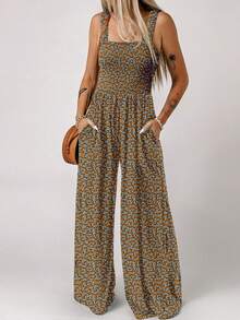 Acelitt Summer Bohemian Floral Print Square Neck Cable Tied Wide Leg Suspender Jumpsuit - Multicolor - View 1