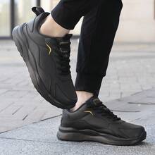 男士系带时尚酷炫轻便旅行鞋，防水防滑休闲跑步鞋，四季皆宜的软底黑色皮鞋 - 黑色 - 查看 5