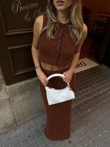 2pcs Women Spring/Summer Minimalist & Elegant Commuter/Casual Sweater Set - Brown - View 1