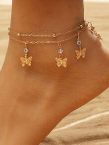 1pc Versatile Bohemian Style Rhinestone Hollow Butterfly Double Layer Anklet, Suitable For Men And Women, Elegant Gift - Multicolor - View 8