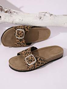 2025 Spring/Summer New Asymmetrical Leopard Print Thick Sole Sandals For Women, Open Toe Breathable Beach Slippers, Buckle Decor, Slip-On Thick Bottom Casual Slides