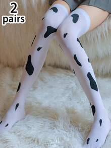 2双装女士奶牛图案性感时尚过膝长袜，舒适 - 黑與白 - 查看 1