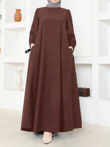 Women Solid Color Round Neck Long Sleeve Pocket Casual Arabic Dress, Modest
