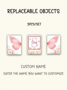 3pcs Frameless Personalized Custom Name Wall Art, Elegant Butterfly And Floral Design Canvas Prints, Customizable Kids Room Decor, Nursery Art, Aesthetic Pink Wall Posters, Unique Gift For Girls, Perfect For Birthdays,Multi-Functional,Ornamental,Letter,Stylish,Modern,Colorful,Cute,Adorable,Casual,Custom,Personalised,Unique,Customized,Ideal Gifts For Him,Ideal Gifts For Her
