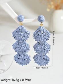 1对手工编织拉菲草贝壳流苏长耳环，波西米亚海滩风格几何设计耳环，适合女性日常、度假、派对、节日（如情人节、婚礼季、母亲节、音乐节）佩戴（手工拉菲草编织，形状和方向随机） - 淺藍色 - 查看 3