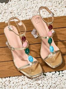 女士高品质时尚凉鞋，水晶高跟鞋，彩色宝石装饰，时尚露趾高跟鞋，适合度假和工作，正式和婚礼舞会，约会必备，夏季金色奢华优雅女鞋设计 - 金色 - 查看 5