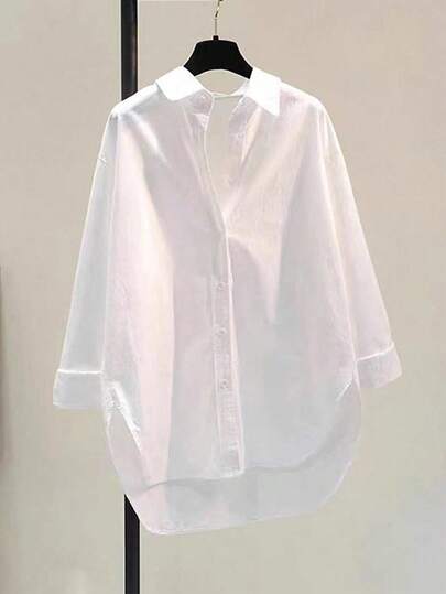 Plus Size Women Regular Length Shirt Collar Blouse, Drop Shoulder Long Sleeve, Button Decor Asymmetric Hem