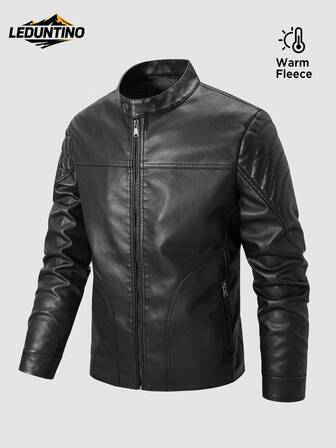 LEDUNTINO Moda bărbați cu fermoar ocazional în aer liber fleece groasă jachetă din piele pentru motocicletă, sport, solidă, bombardier, cadou iubit, iarnă pentru bărbați, guler de toamnă, motociclist, rezistent la vânt, jachetă din piele, primăvară, toamnă, bărbați