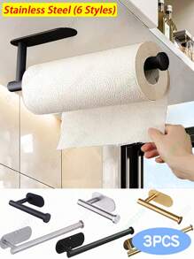 Juego de 3 piezas: Portarrollos de papel de cocina, Soporte para envoltorio de plástico, Portarrollos de papel higiénico adhesivo. Portarrollos de papel de acero inoxidable autoadhesivo o con taladro para debajo del gabinete. Portarrollos de papel de cocina de acero inoxidable negro para montar en la pared para cocina, baño, fregadero, despensa, refrigerador