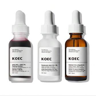 KOEC 3 件套面部和眼部精华套装 - 护肤套装 - 30ml/1fl.Oz AHA 30% BHA 2% 去角质溶液 + 透明质酸 2% B5 + 视黄醇 1% 角鲨烷精华