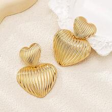 Fashionable Metal Double Heart Stud Earrings, Minimalist Design, Personalized & Creative, Striped Texture Elegant Luxury Earrings - Gold - View 6