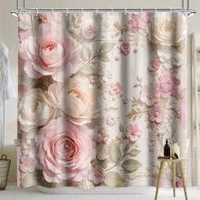 1 件复古花卉防水浴帘，玫瑰印花，粉色和米色，装饰性浴室窗帘带挂钩，100% 涤纶防水面料，适用于酒店、公寓、家居，35 英寸 X70 英寸、47 英寸 X70 英寸、59 英寸 X70 英寸、70 英寸 X70 英寸家居浴室装饰夏季