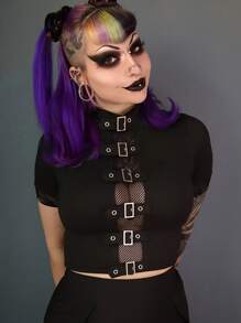 Plus Size Gothic Mesh Sweater 2025 - Women's Black Punk Top With Belt Buckle Detail & Lace-Up Corset Style (0X-5X)