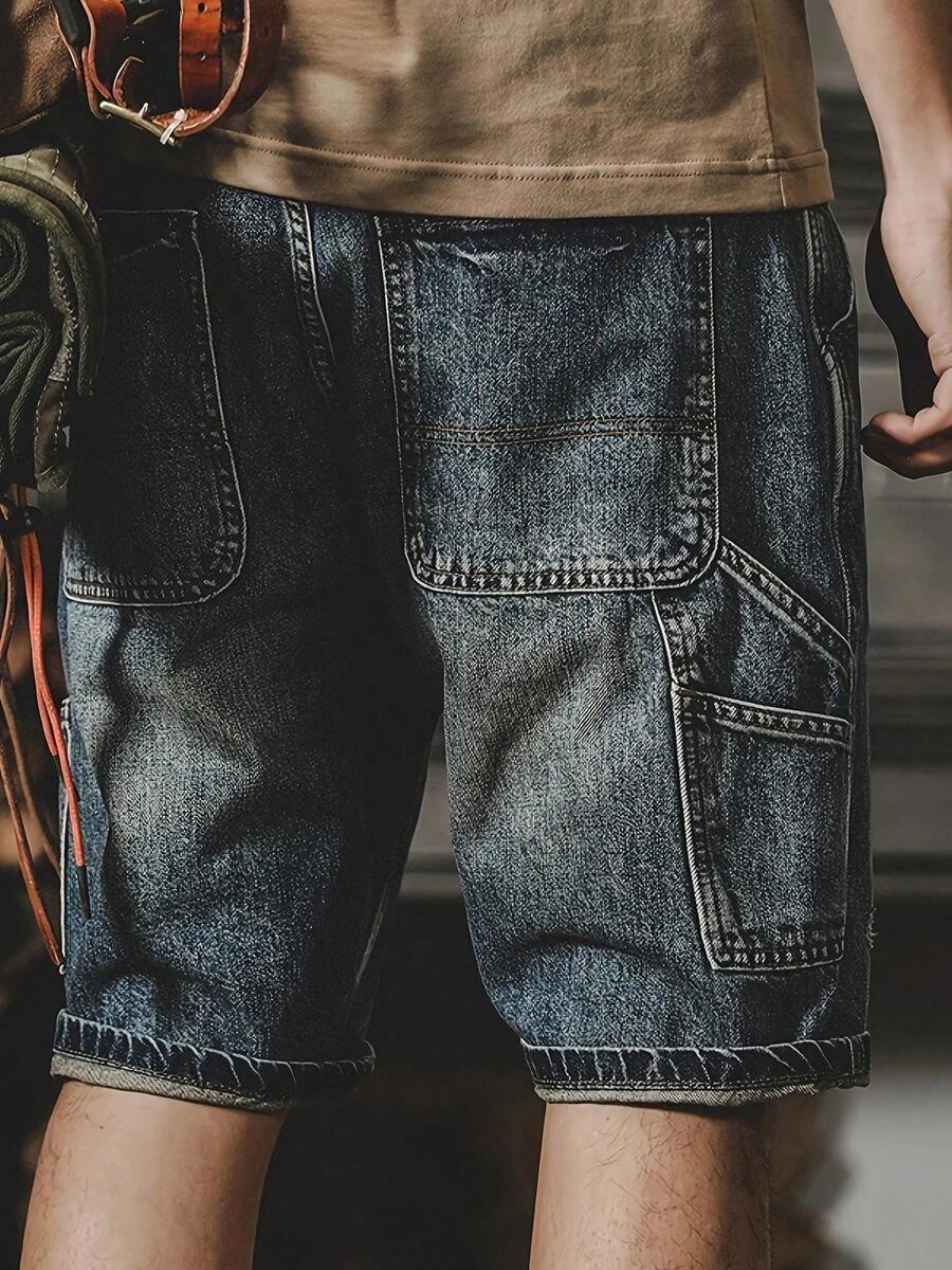 Men's Non-Elastic Summer Waist Fashion Jeans, Youth Popular Straight Washed Five-Point Denim Shorts - Màu xanh lam - Xem 1