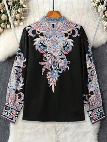 Women's Bohemian Style Printed Shirt Collar Vacation, Elegant Women's Apparel, Festival Clothing, Turndown Collar Cardigan Long Sleeve Blouse - Black - View 5